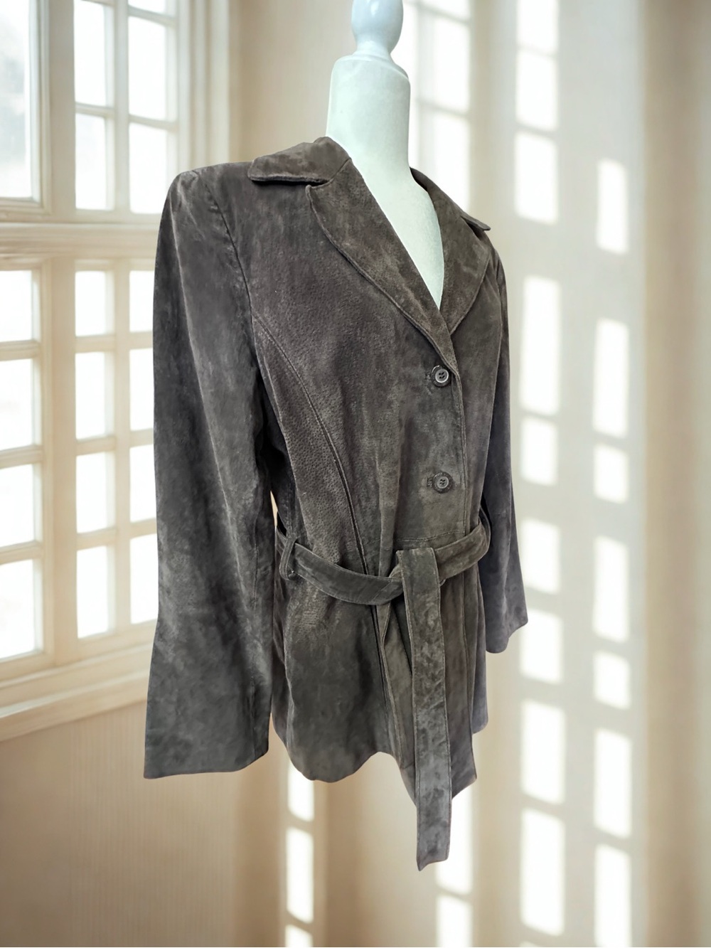 New York & Company Gray Genuine Suede Belted Jacket Coat Womens Size Large